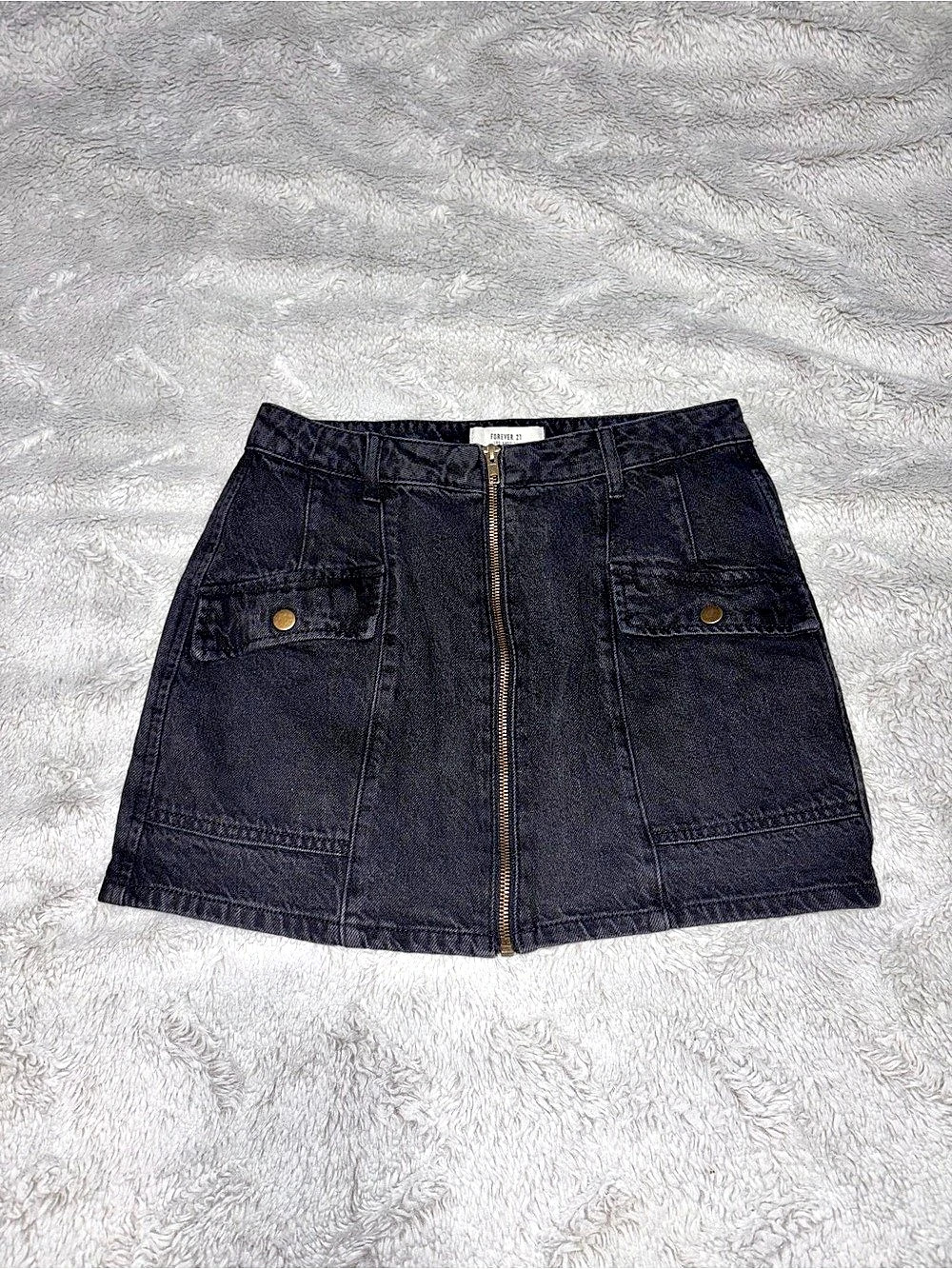 Forever 21 Black Denim Zip-Front Cargo Mini Skirt